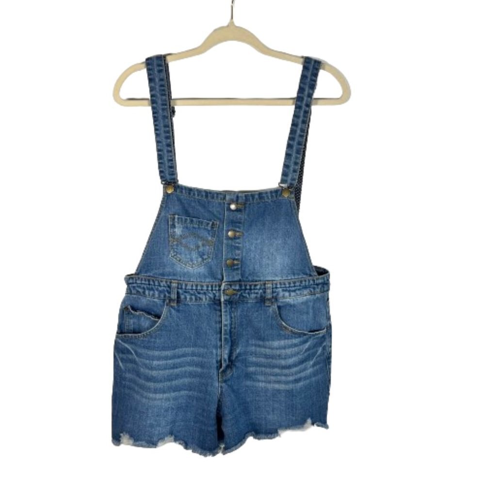 Womens Denim Overall Shorts XL Blue Bib Pocket Cutoff Shortalls Country Western